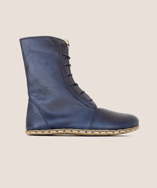 Blue earthing boot for women, crazy leather, copper rivet sole — side view